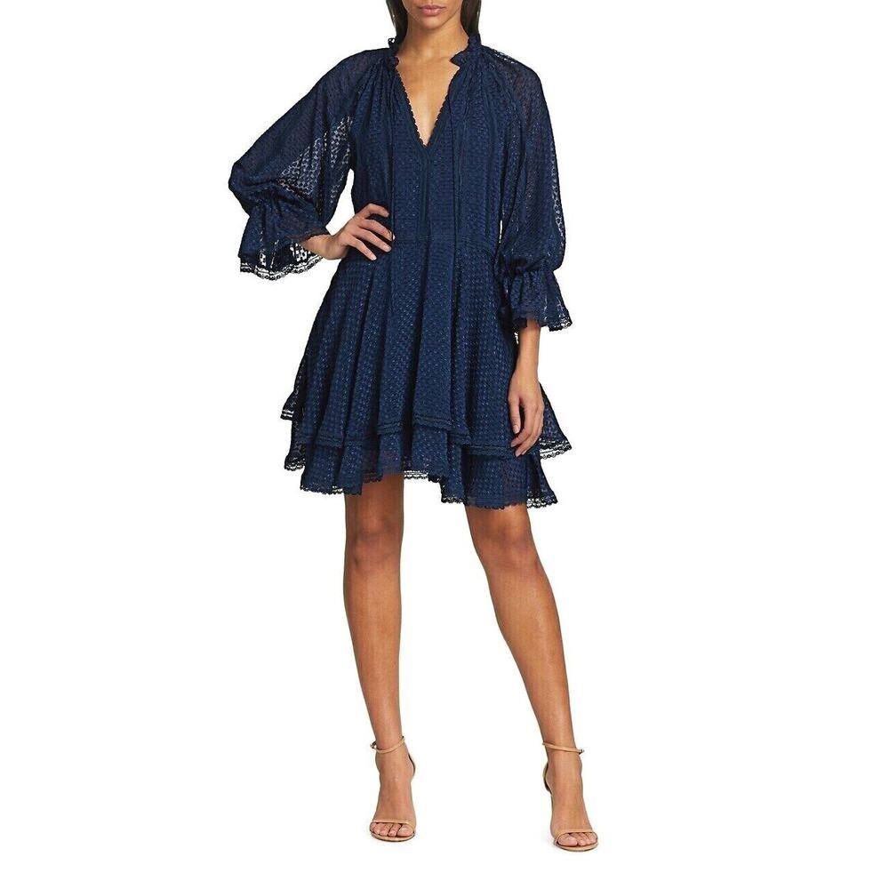 Alice+ Olivia Joanne Tiered Handkerchief Hem Dress Sapphire Blue‎ Lace Trim sz 2